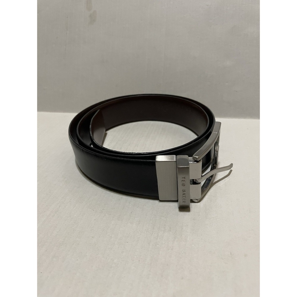 Ted Baker Reversible Leather Belt Size 34 Black Brown Silver Buckle 1 5/16"